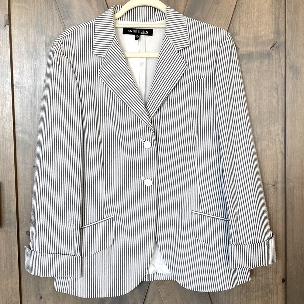 ANNE KLEIN Blazer Seersucker Pinstripe Light Black White Size 12